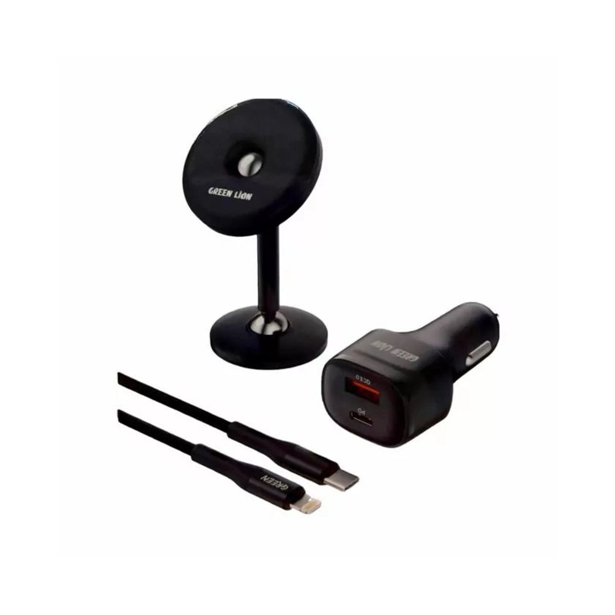 Green Lion 3 in 1 Combo ( Magnetic Car Holder / Car Charger 20W PD-QC / USB-C to Lightning Cable 1.2M 20W ) – Black